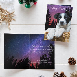 Cute Black White Puppy Colorful Starry Sky Feestdagen Kaart