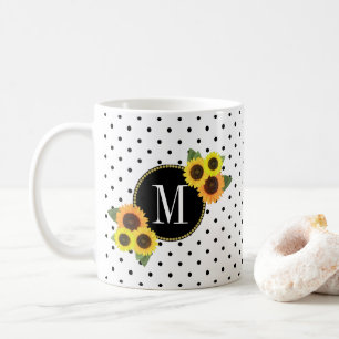 Cute Black White Stippen  zonnebloemen Monogram Koffiemok