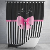 Cute Black & White Stripes Pattern Pink Bow Name Douchegordijn