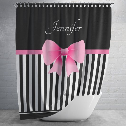 Cute Black & White Stripes Pattern Pink Bow Name Douchegordijn