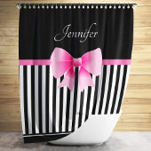 Cute Black & White Stripes Pattern Pink Bow Name Douchegordijn
