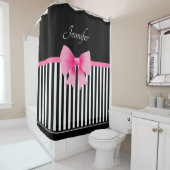 Cute Black & White Stripes Pattern Pink Bow Name Douchegordijn (In situ)