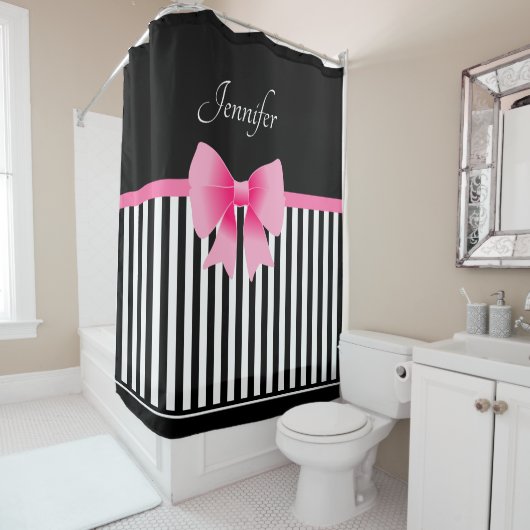Cute Black & White Stripes Pattern Pink Bow Name Douchegordijn (In situ)