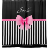 Cute Black & White Stripes Pattern Pink Bow Name Douchegordijn (Voorkant)