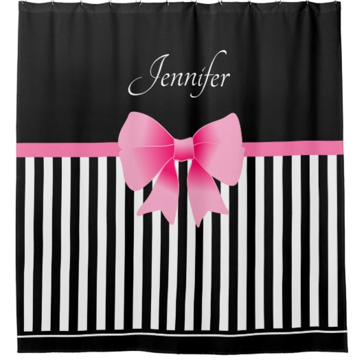 Cute Black & White Stripes Pattern Pink Bow Name Douchegordijn (Voorkant)