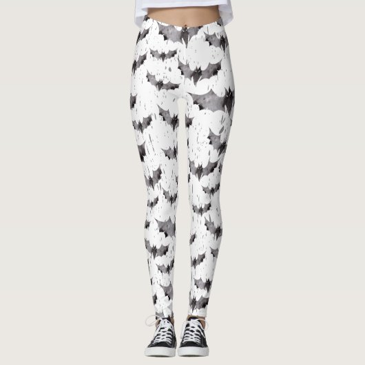 Cute Black & White Waterverf Bats Halloween Leggings (Voorkant)