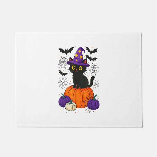 Cute Black Witch Cat Pumpkin Halloween Costume Fal Deurmat (Voorkant)