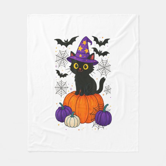 Cute Black Witch Cat Pumpkin Halloween Costume Fal Fleece Deken (Voorkant)