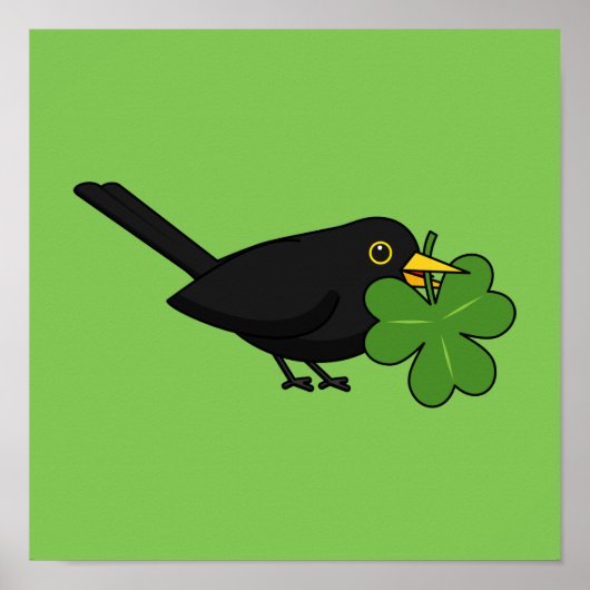 Cute Blackbird met Shamrock Clover Cartoon Poster (Voorkant)