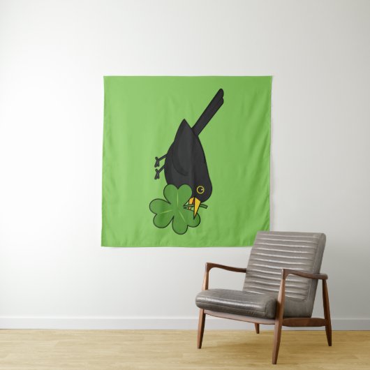 Cute Blackbird met Shamrock Clover Cartoon Wandkleed (In Situ (horizontaal))