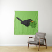Cute Blackbird met Shamrock Clover Cartoon Wandkleed (In situ)