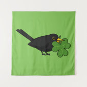 Cute Blackbird met Shamrock Clover Cartoon Wandkleed (Voorkant)