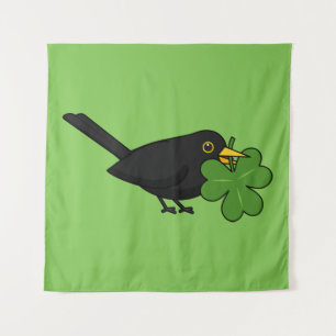 Cute Blackbird met Shamrock Clover Cartoon Wandkleed