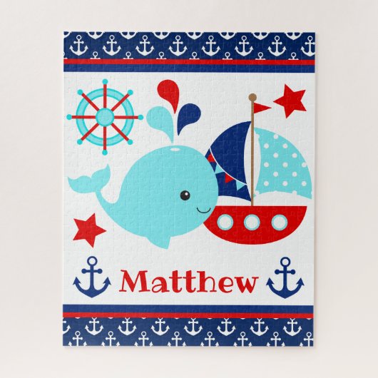 Cute Blauw Walvis en Anker Patroon Legpuzzel (Verticaal)