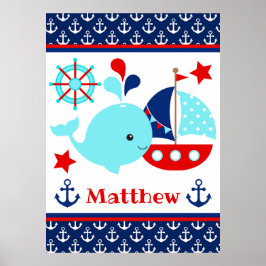 Cute Blauw Walvis en Anker Patroon Poster