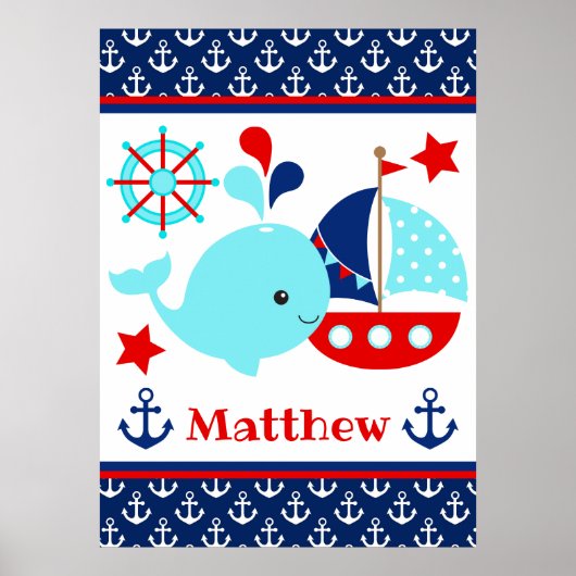 Cute Blauw Walvis en Anker Patroon Poster (Voorkant)