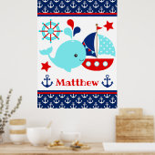 Cute Blauw Walvis en Anker Patroon Poster (Keuken)