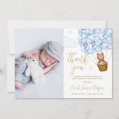 Cute Blauwe Ballonnen Beer Pasgeboren Baby Foto Bedankkaart (Voorkant)