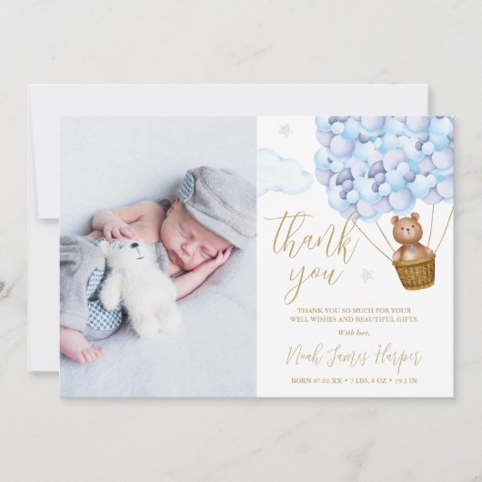 Cute Blauwe Ballonnen Beer Pasgeboren Baby Foto Bedankkaart (Voorkant)