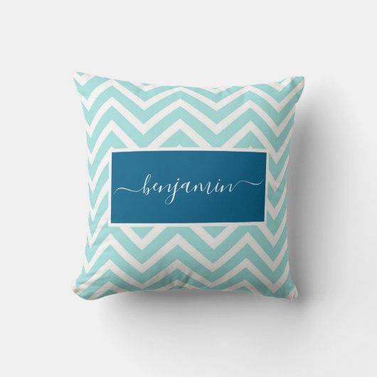 Cute Blauwe Chevron Zig Zag Patroon Naam Kussen (Voorkant)