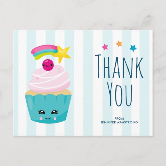Cute Blauwe Cupcake met Kawaii Gezicht Verjaardags Briefkaart (Voorkant)