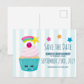 Cute Blauwe Cupcake Verjaardag Save the Date Briefkaart (Voorkant / Achterkant)