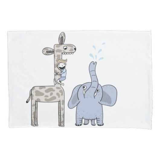 Cute Blauwe Giraffe en Olifant Pillowcase Kussensloop (Voorkant)