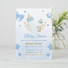 Cute Blauwe Jongen Baby Shower Uitnodiging