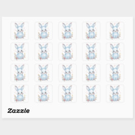 Cute Blauwe Konijn Feest Thema Pastel Bloemen Vierkante Sticker