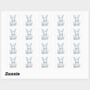 Cute Blauwe Konijn Feest Thema Pastel Bloemen Vierkante Sticker