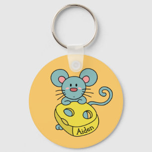 Cute Blauwe Muis en Kaas Kinderen Gepersonaliseerd Sleutelhanger