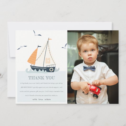 Cute Blauwe Nautische Zeilboot Kinderen Foto Verja Bedankkaart (Voorkant)
