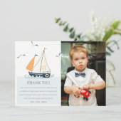Cute Blauwe Nautische Zeilboot Kinderen Foto Verja Bedankkaart (Staand voorkant)