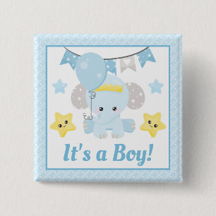 Cute Blauwe Olifant Baby Shower Het is een Jongen Vierkante Button 5,1 Cm