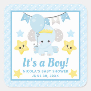 Cute Blauwe Olifant Baby Shower Het is een Jongen Vierkante Sticker