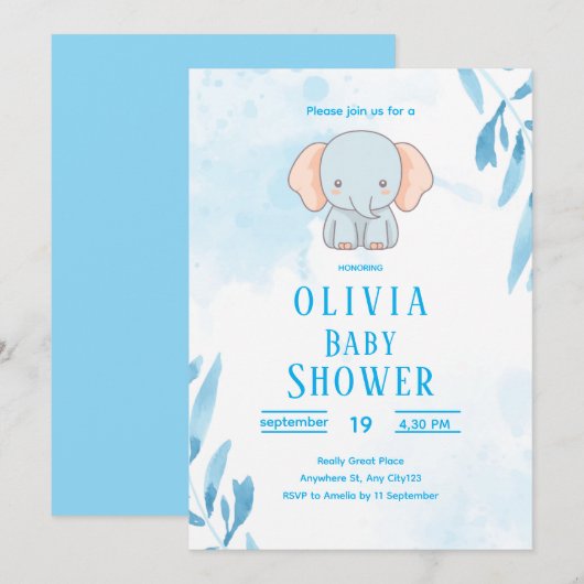 Cute Blauwe Olifant Baby Shower Kaart (Voorkant / Achterkant)