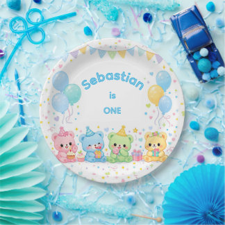 Cute Blauwe Pastel Babyberen Verjaardagsfeestje Papieren Bordje