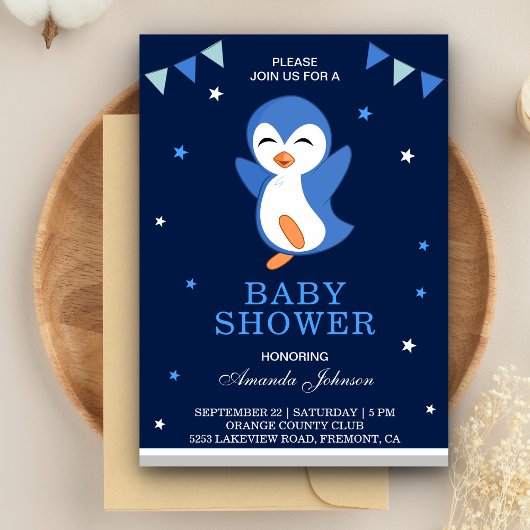 Cute Blauwe Pinguïn Baby Shower Uitnodiging