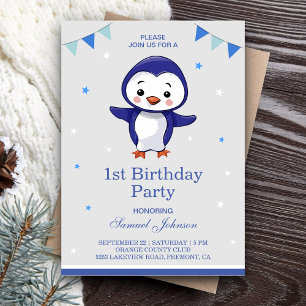 Cute Blauwe Pinguïn Eerste 1e Verjaardagsfeestje Kaart