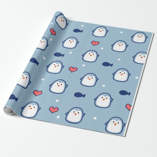 Cute Blauwe Pinguïn Patroon Cadeaupapier (Uitgerold)