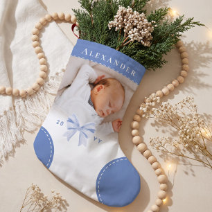 Cute Blauwe Strik Naam & Foto Baby Eerste Kerstmis Kleine Kerstsok
