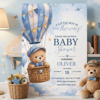 Cute Blauwe Teddyshirt Hete Lucht Ballon Baby Show Kaart