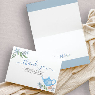 Cute blauwe theepot bedankkaart voor baby shower