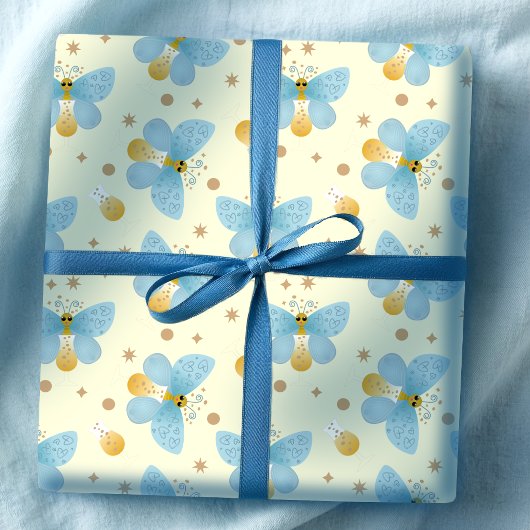 Cute Blauwe Vlinders Met Champagneglas Cadeaupapier