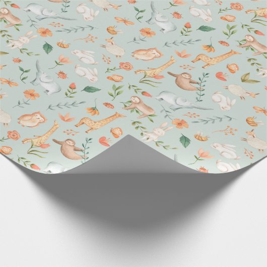 Cute Blauwgroen Baby Animal Pastel Patroon Cadeaupapier (Hoek)