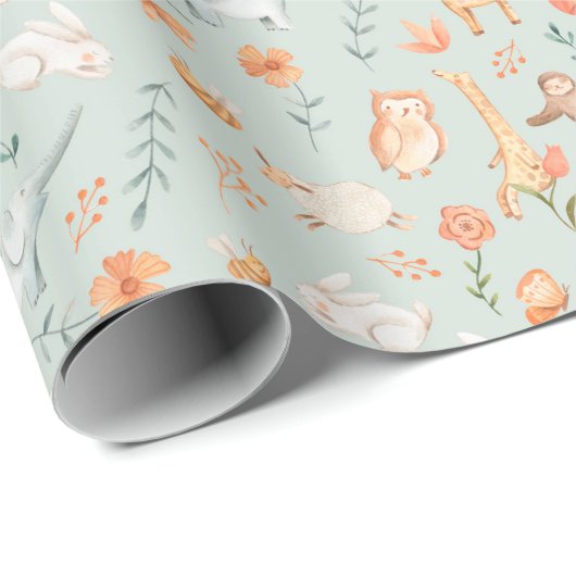 Cute Blauwgroen Baby Animal Pastel Patroon Cadeaupapier (Rol Hoek)