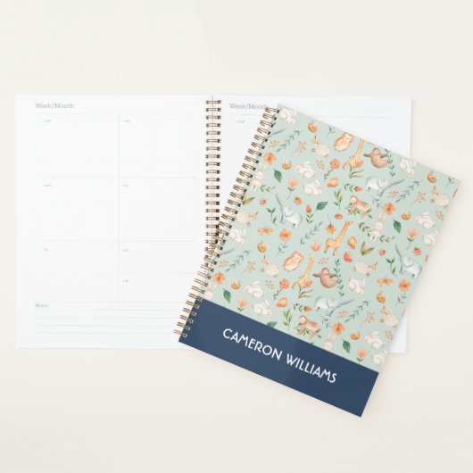 Cute Blauwgroen Baby Animal Pastel Patroon Planner (Display)