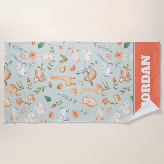 Cute Blauwgroen Baby Animal Pastel Patroon Strandlaken (Voorkant)