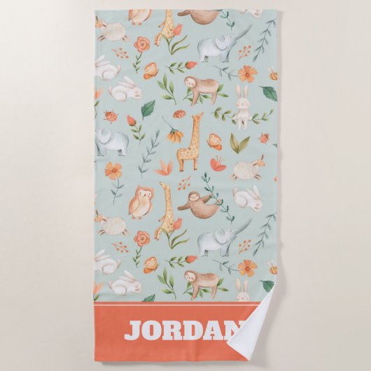 Cute Blauwgroen Baby Animal Pastel Patroon Strandlaken (Voorkant)