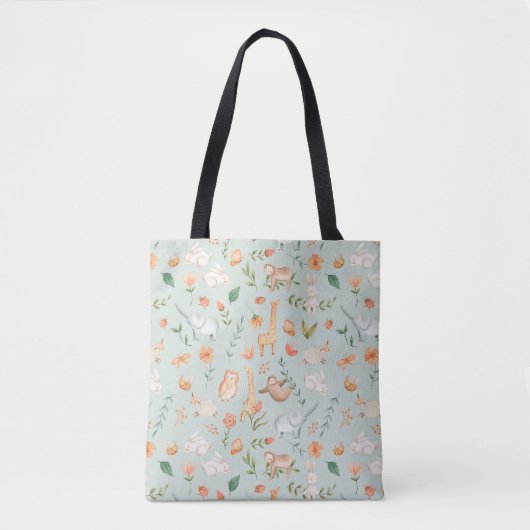 Cute Blauwgroen Baby Animal Pastel Patroon Tote Bag (Voorkant)